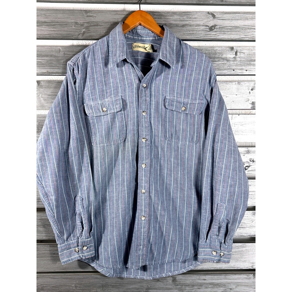 Vintage St Johns Bay Mens L Blue Striped Conductor Chambray Shirt USA 90s